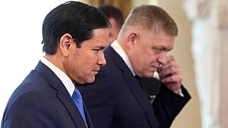 U.S. Secretary of State Marco Rubio, left, leaves with Slovakia's Prime Minister Robert Fico after a joint news conference in Bratislava, Slovakia, Sunday, Feb. 15, 2026. 