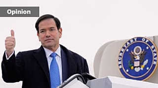 US Secretary of State Marco Rubio gives a thumbs up as he departs Munich International Airport in Munich, 15 February 2026