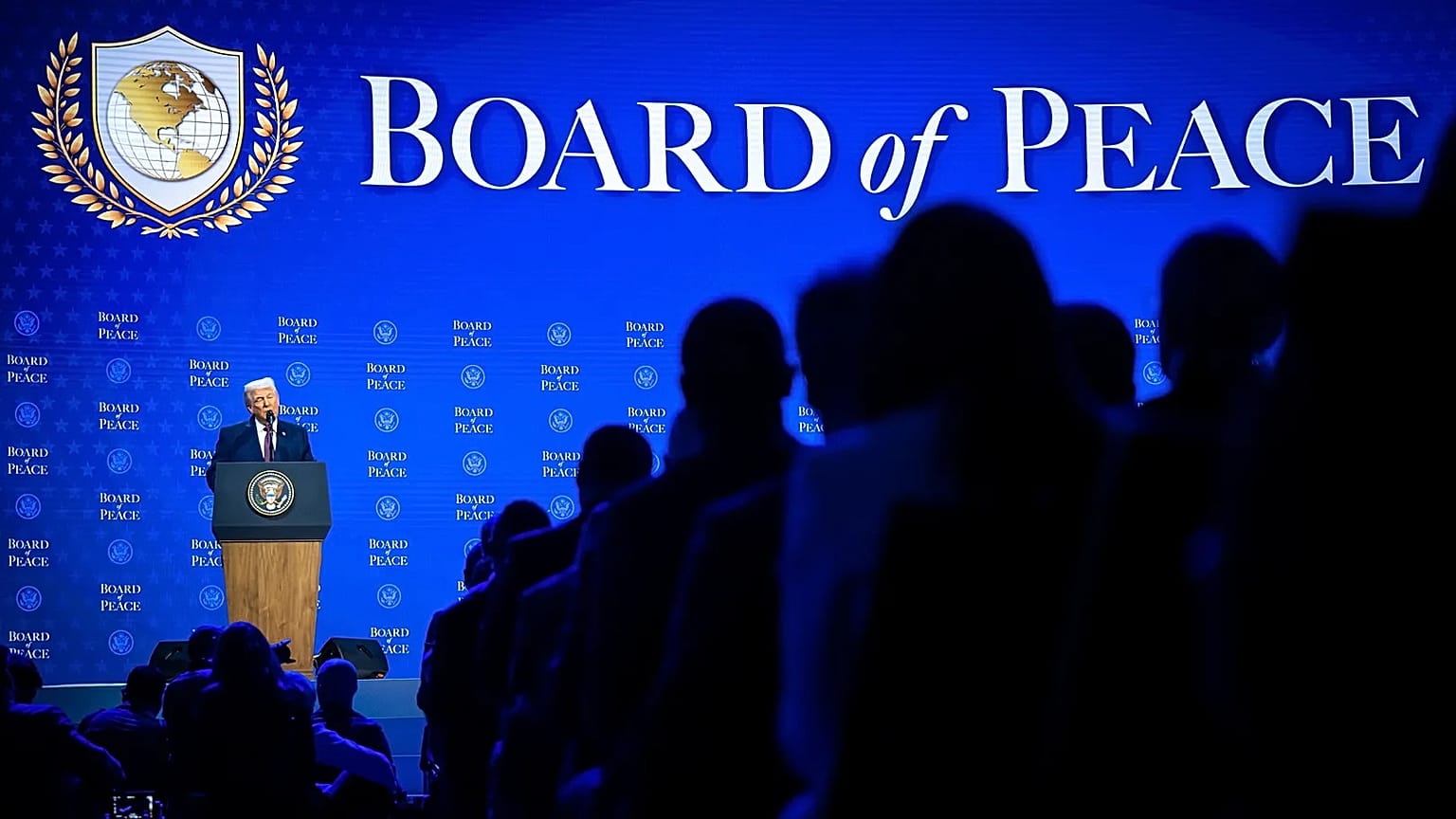 President Donald Trump speaks at the Board of Peace meeting, during the Annual Meeting of the World Economic Forum in Davos, Switzerland, Thursday, Jan. 22, 2026. (Gian Ehrenz