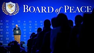 President Donald Trump speaks at the Board of Peace meeting, during the Annual Meeting of the World Economic Forum in Davos, Switzerland, Thursday, Jan. 22, 2026. (Gian Ehrenz