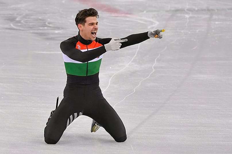 Burján Csaba a pjongcsangi téli olimpia férfi 5000 méteres váltó rövidpályás gyorskorcsolyaversenyének döntője után a Kangnung Jégcsarnokban 2018. február 22-én 