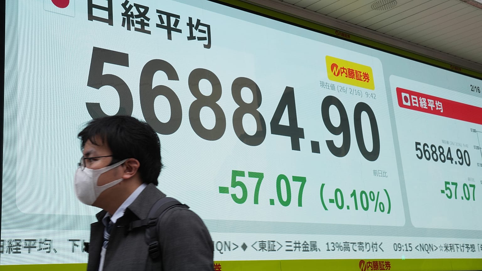 A person walks in front of a screen showing Japan's Nikkei index, Tokyo, Feb. 16 2026