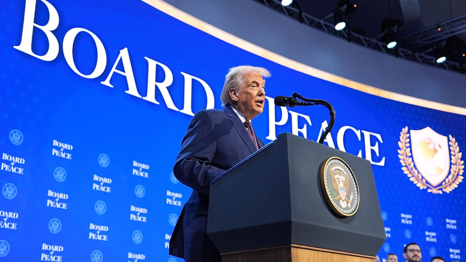 President Donald Trump speaks during a Board of Peace charter announcement during the Annual Meeting of the World Economic Forum in Davos, Switzerland, Thursday, Jan. 22, 2026
