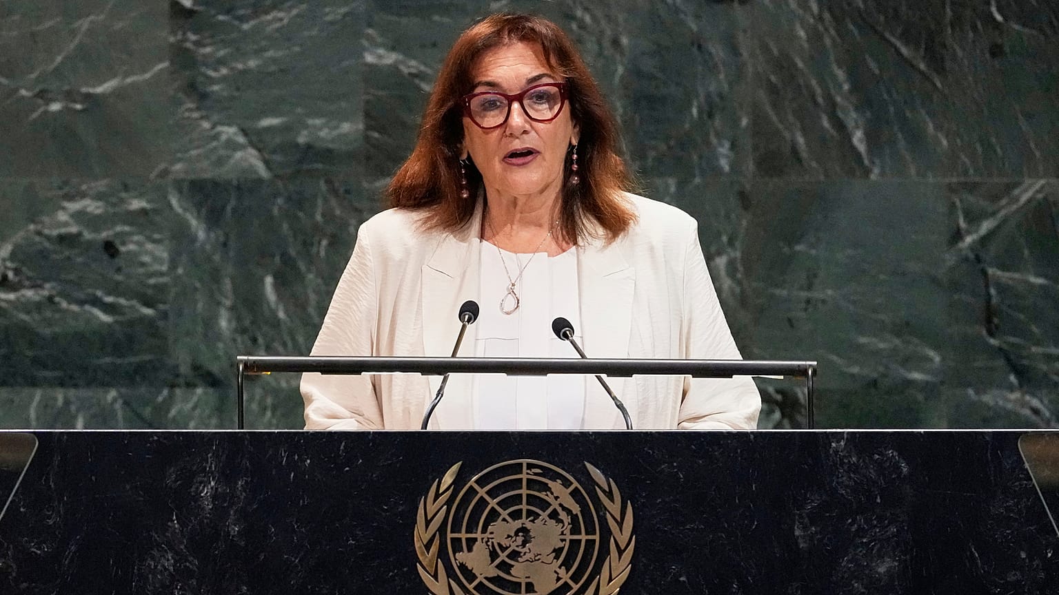 European Union Commissioner for the Mediterranean Dubravka Suica addresses the United Nations General Assembly, Monday, July 28, 2025