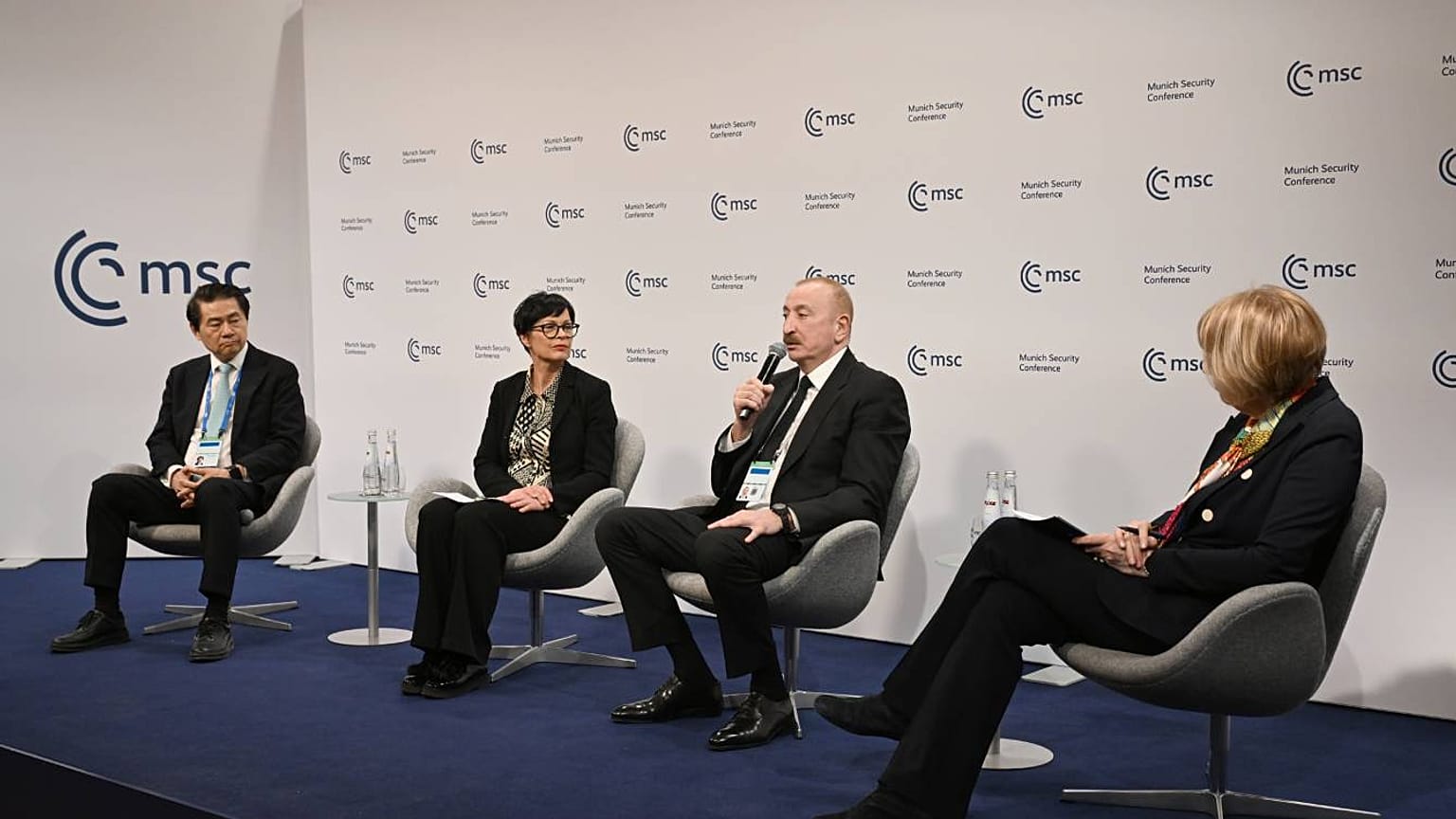 President of Azerbaijan Ilham Aliyev speaks during a panel discussion at the Munich Security Conference