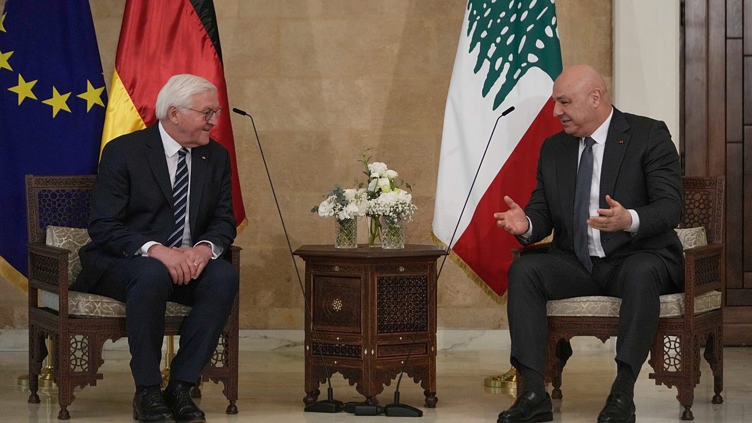 الرئيس اللبناني جوزيف عون، خلال استقباله نظيره الألماني فرانك-فالتر شتاينماير في قصر بعبدا 16 فبرير 2026