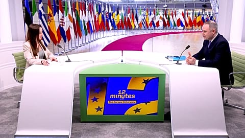 Alexandru Nazare during a Euronews interview at the European Council, 17 February 2026.