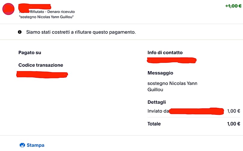 Wiadomość PayPal, za pomocą której transakcja z celem "Wsparcie Nicolasa Guillou" została odrzucona