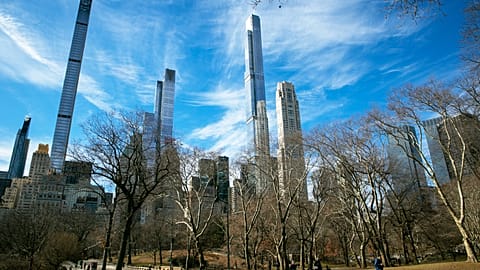 FILE. The luxury residential skyscrapers of Billionaire's Row in Manhattan are visible from Central Park, New York City, Feb. 2022