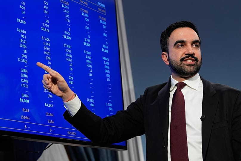New York City Mayor Zohran Mamdani speaks to reporters about the city's finances during a news conference, 17 Feb. 2026