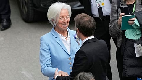 French President Emmanuel Macron greets President of the ECB Christine Lagarde at the Munich Security Conference, 13 February 2026