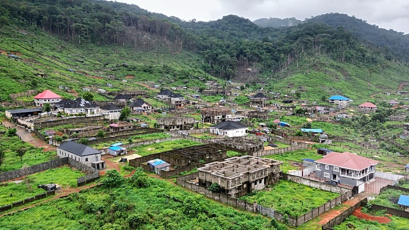 An aerial view of mansions under construction in Bio Barray, outskirt of Freetown, Sierra Leone, Wednesday, July 2, 2025. 
