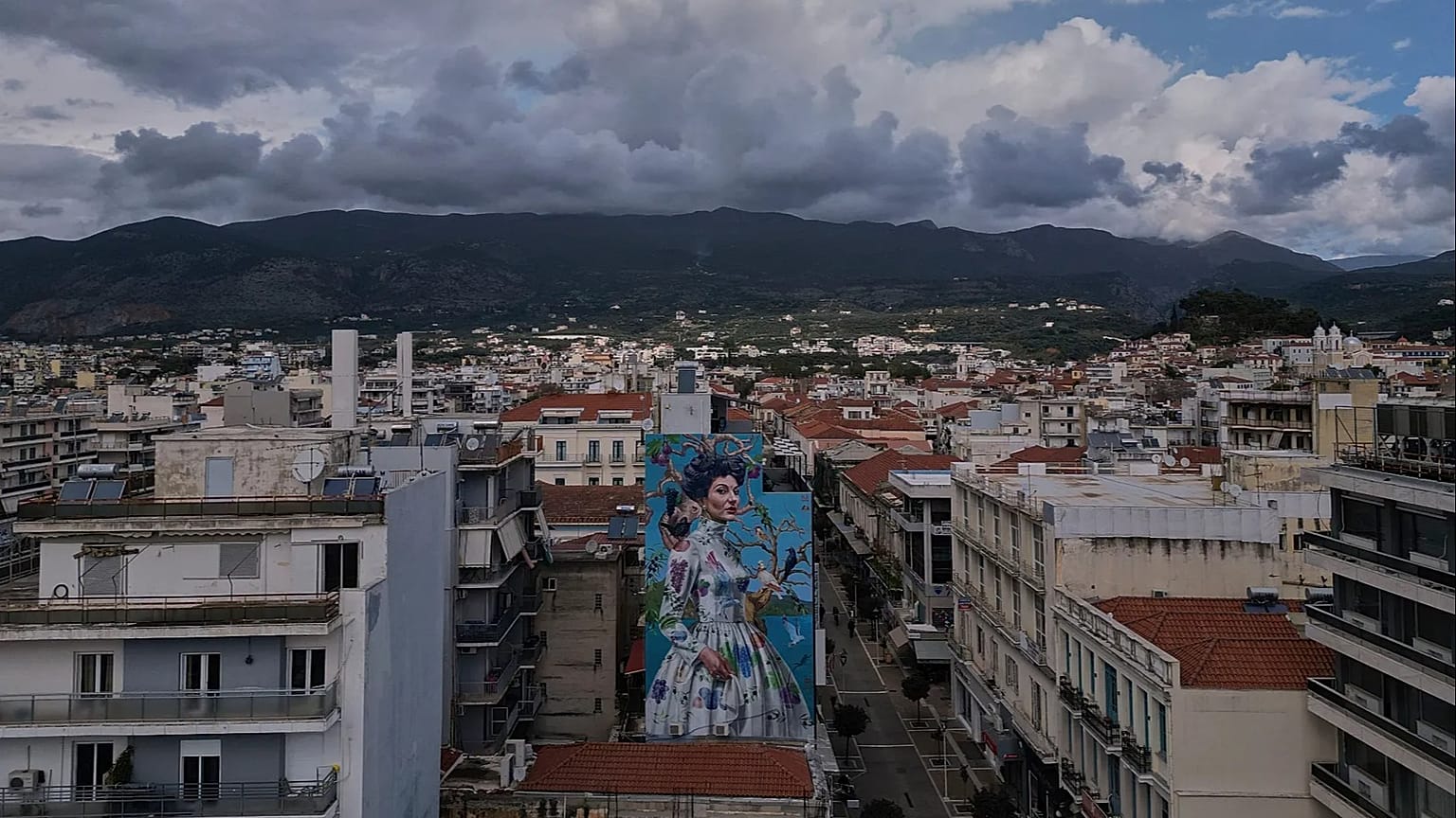 A building with the mural entitled 'Kalamata' depicting opera legend Maria Callas by artist Kleomenis Kostopoulos in Kalamata town, Greece.