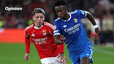 Gianluca Prestianni fights for the ball against Vinicius Jr during a Champions League match between SL Benfica and Real Madrid in Lisbon, 17 February 2025