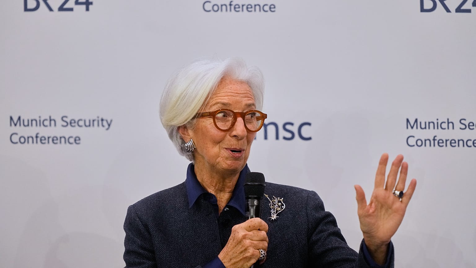 European Central Bank President Christine Lagarde speaks during the Munich Security Conference in Munich, Germany, Sunday, Feb. 15, 2026. 