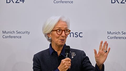 European Central Bank President Christine Lagarde speaks during the Munich Security Conference in Munich, Germany, Sunday, Feb. 15, 2026. 