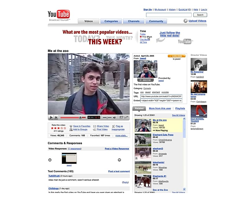 The YouTube watchpage featuring 'Me at the zoo'