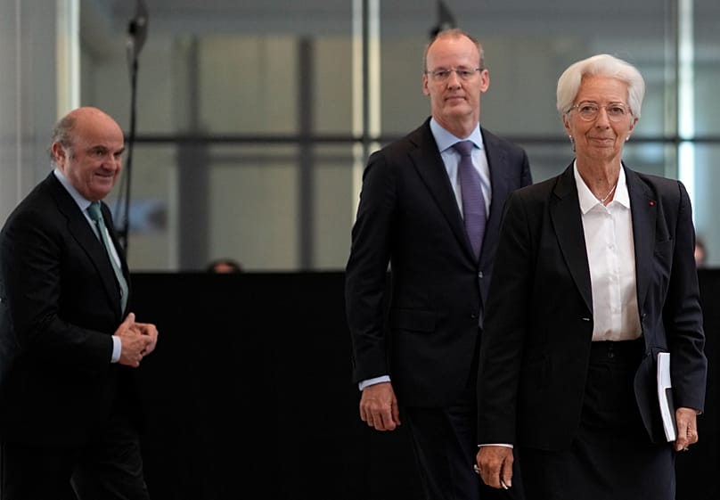 FILE. ECB President Christine Lagarde, ECB Vice-President Luis de Guindos and DNB President Klaas Knot, arrive for a press conference in Amsterdam, Netherlands, June 2022