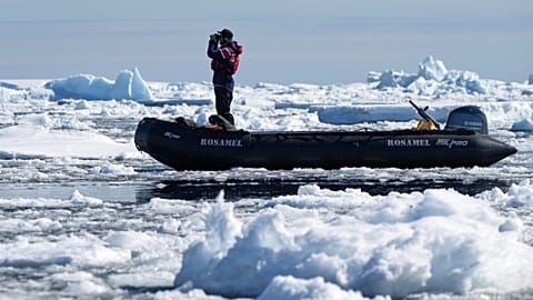 A crew member looks for whales at Yalour Islands in Antarctica, Monday, Nov. 24, 2025. 