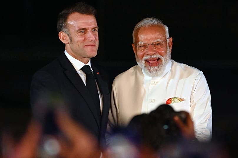 Prime Minister Narendra Modi stands with French President Emmanuel Macron during the launch of the India–France Year of Innovation and Cultural Commemoration 