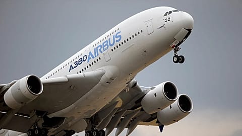 FILE - An Airbus A380 takes off for its demonstration flight at the Paris Air Show, in Le Bourget airport, north of Paris, Thursday, June 18, 2015.
