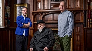 From left: Duncan Macmillan, George R.R. Martin, Dominic Cooke