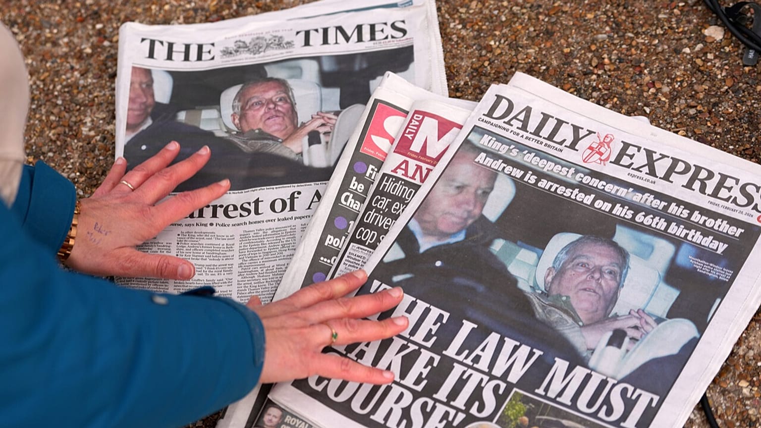 Newspaper front pages in London, Friday, Feb. 20, 2026 after Andrew Mountbatten-Windsor was arrested by British police on suspicion of misconduct in  public office.