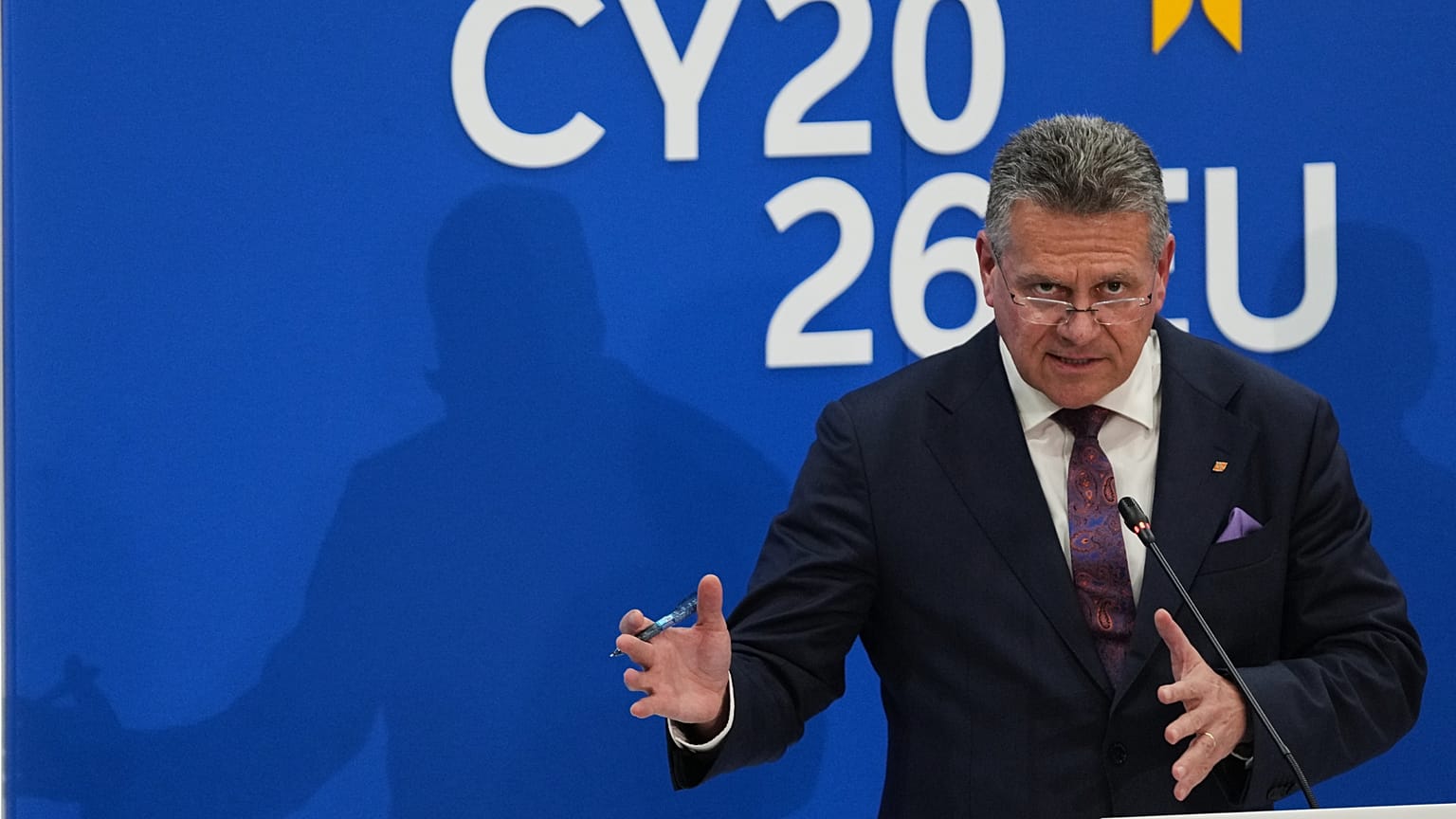 EU Commissioner for Trade and Economic Security Maros Sefcovic speaks during a press conference following the Informal Meeting of Trade Ministers  Feb. 20, 2026.