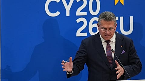 EU Commissioner for Trade and Economic Security Maros Sefcovic speaks during a press conference following the Informal Meeting of Trade Ministers  Feb. 20, 2026.