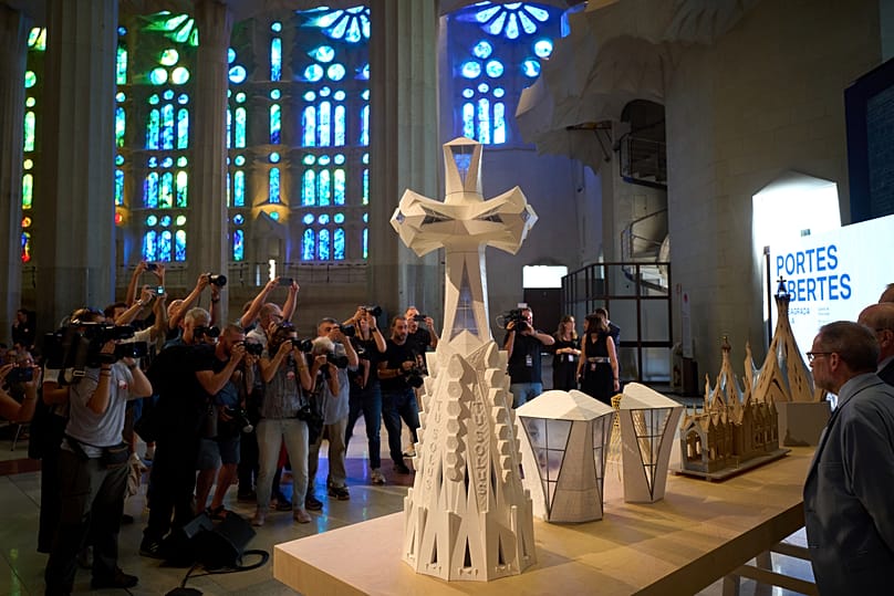 Miniature replicas of the new central tower that will crown the Sagrada Família during a press conference in Barcelona, Spain, Thursday, Sept. 18, 2025. 