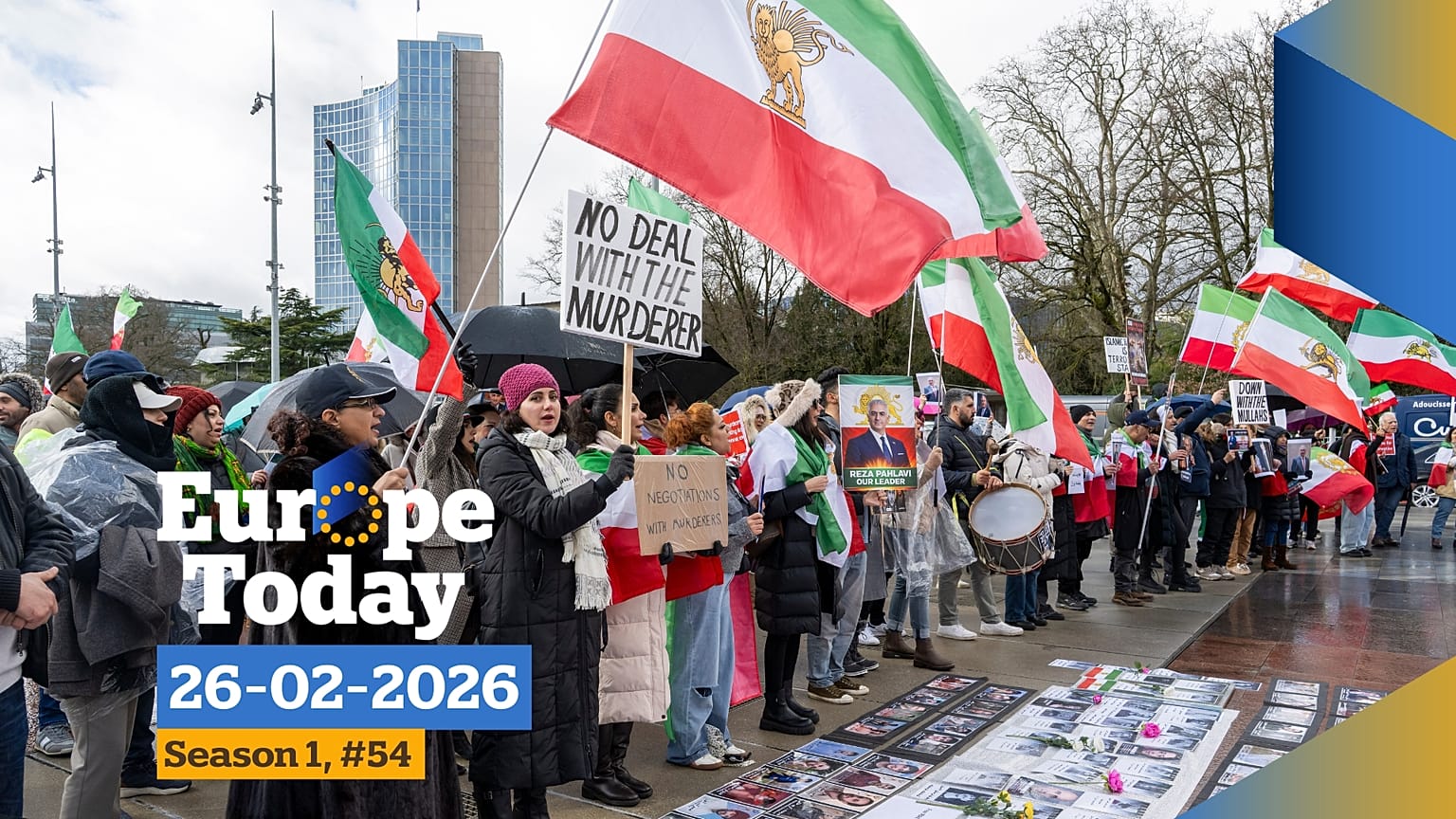 ranian protesters hold placards and portraits in front of United Nations office ahead of indirect nuclear talks between the United States and Iran.