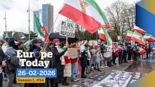 ranian protesters hold placards and portraits in front of United Nations office ahead of indirect nuclear talks between the United States and Iran.