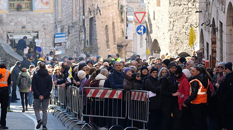 Pilgrims queue to honour St. Francis during the first public display inside the St. Francis Basilica, marking the 800th anniversary of the saint's death, 22 Feb 2026