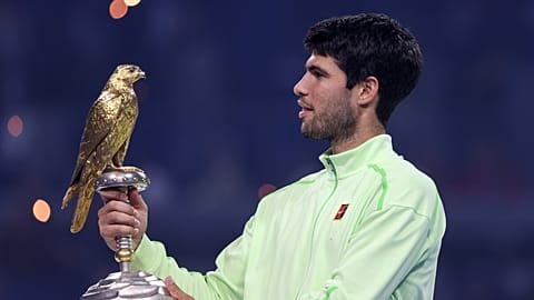 Carlos Alcaraz lifts trophy after winning 2026 Qatar Open title