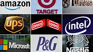 FILE - This undated combination of photos shows from top left the company logos for Amazon, Target, Lufthansa Group, UPS, ConocoPhillips, Intel, Microsoft and others.