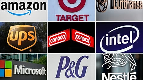 FILE - This undated combination of photos shows from top left the company logos for Amazon, Target, Lufthansa Group, UPS, ConocoPhillips, Intel, Microsoft and others.