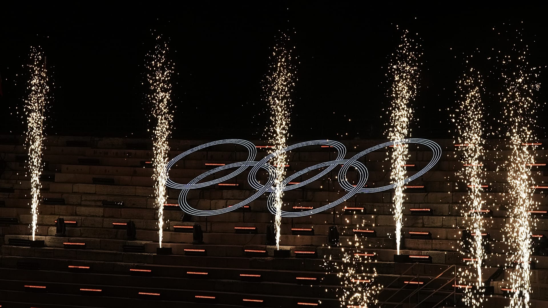 The Olympic rings stand out during the closing ceremony of the 2026 Winter Olympics, in Verona, Italy, Sunday, Feb. 22, 2026.