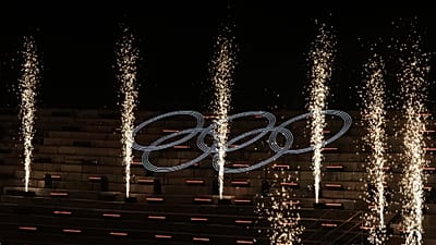 The Olympic rings stand out during the closing ceremony of the 2026 Winter Olympics, in Verona, Italy, Sunday, Feb. 22, 2026.