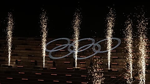 The Olympic rings stand out during the closing ceremony of the 2026 Winter Olympics, in Verona, Italy, Sunday, Feb. 22, 2026.