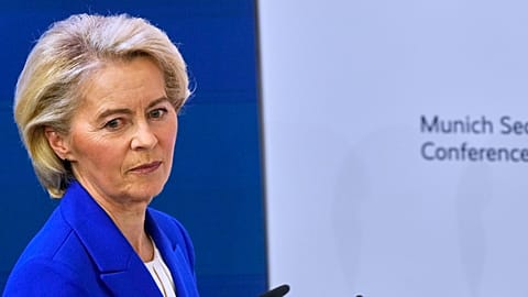 European Commission President Ursula von der Leyen prepares to address the audience during the Munich Security Conference in Munich, Germany, Saturday, Feb. 14, 2026. 