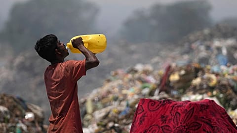 FILE - A waste picker drinks water while working during a heat wave at a garbage dump on the outskirts of Jammu, India, Wednesday, June 19, 2024. 