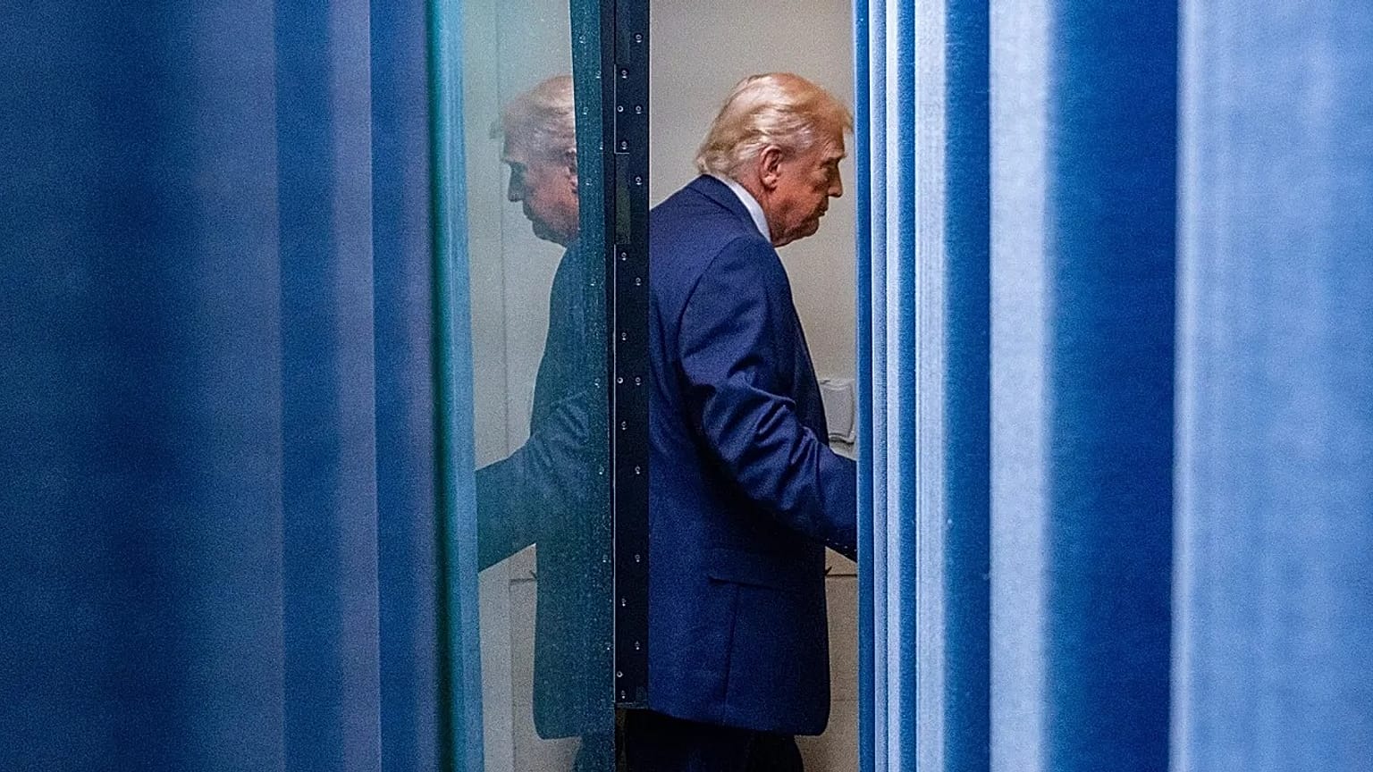 President Donald Trump departs after speaking with reporters in the James Brady Press Briefing Room at the White House.
