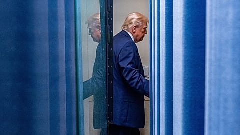 President Donald Trump departs after speaking with reporters in the James Brady Press Briefing Room at the White House.