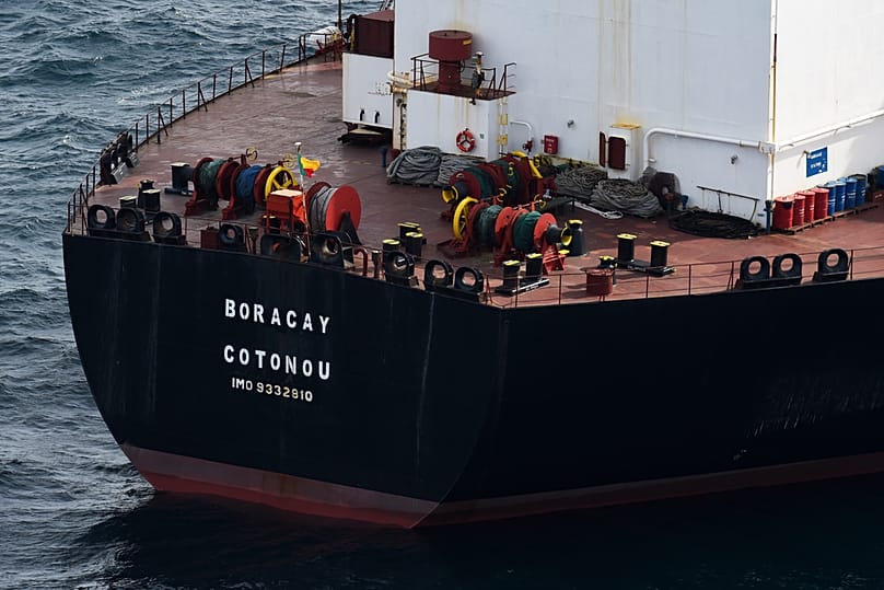 The tanker Boracay that allegedly belongs to Russia's so-called shadow fleet, Thursday, Oct. 2, 2025, off Saint-Nazaire, France's Atlantic coast