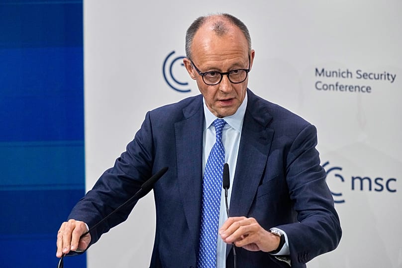Bundeskanzler Friedrich Merz auf der Münchner Sicherheitskonferenz. Er ist Schirmherr der Sicherheitsmesse in Nürnberg und sieht eine "unmittelbare Bedrohung".