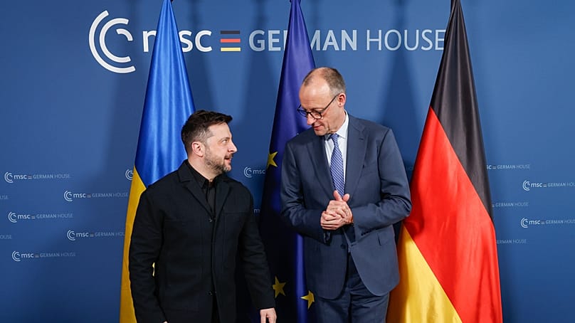 FILE - German Chancellor Friedrich Merz, right, meets Ukrainian President Volodymyr Zelensky during the Munich Security Conference in Munich, Germany, 13 February 2026.