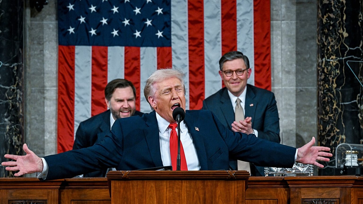 President Donald Trump delivers the State of the Union address to a joint session of Congress in the House chamber at the U.S. Capitol in Washington, Tuesday, Feb. 24, 2026.