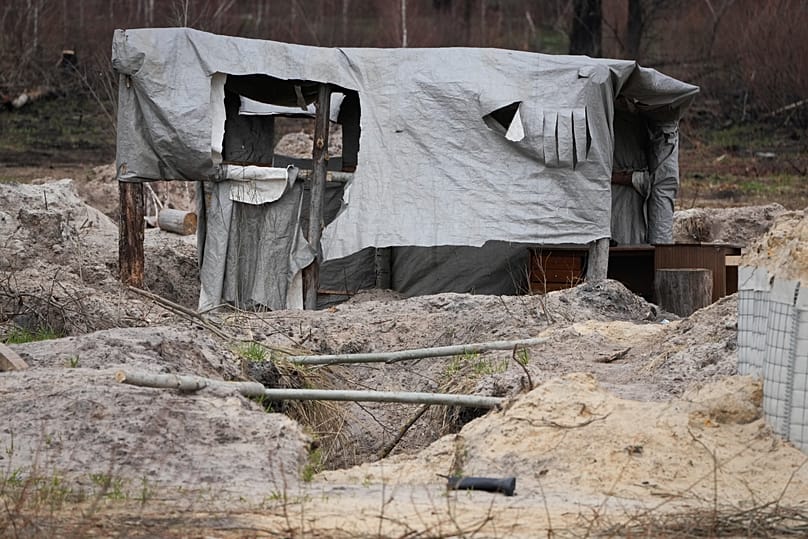 Russian trenches and firing positions in the highly radioactive Red Forest near the Chernobyl nuclear power plant in Chernobyl, Ukraine, Saturday, April 16, 2022.