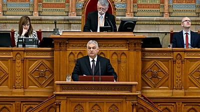 Hungarian Prime Minister Viktor Orbán delivers a speech during the first plenary sitting of the spring session of parliament in Budapest, Hungary, Monday, Feb. 23, 2026.