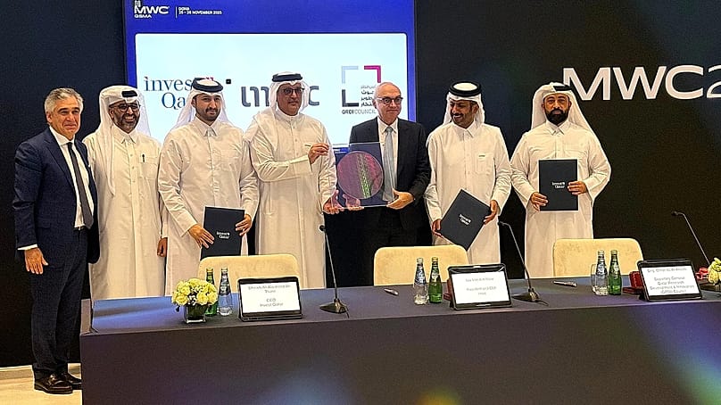 imec President and Invest Qatar CEO (center) with Max Mirgoli (far left) and QRDI Sec Gen (far right) at the announcement of imec’s new R&D hub in Doha.